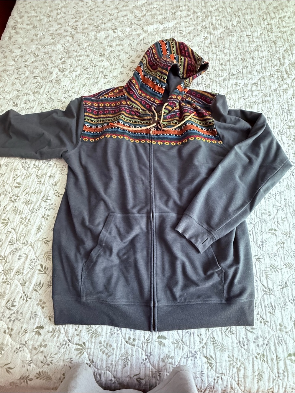 Howler Brothers Gray Zip Hoodie with Multicolor Patterned Hood